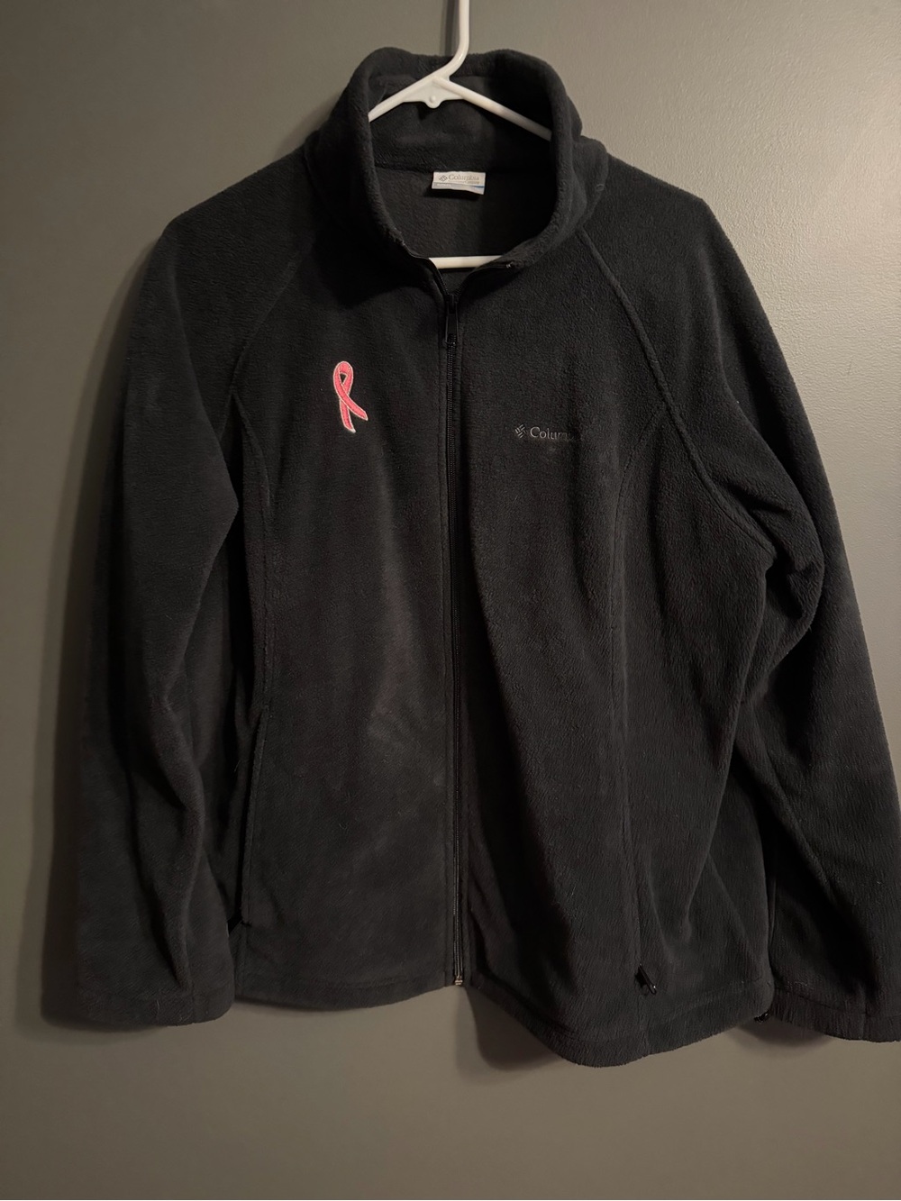 Columbia Black Fleece Jacket with Pink Ribbon Accent